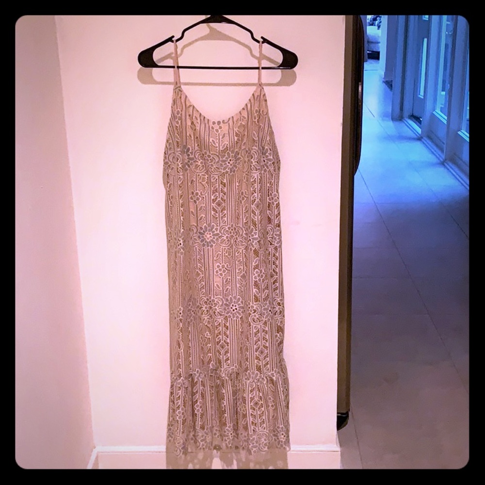 Tan and grey lace dress from Anthropologie.